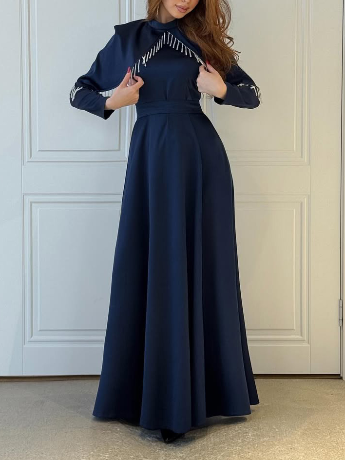 Elegant Satin Cape-Detail Long-Sleeve Maxi Dress