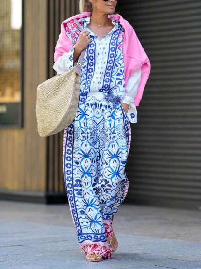 Unique Ethnic Print Loose Button-Up Shirt