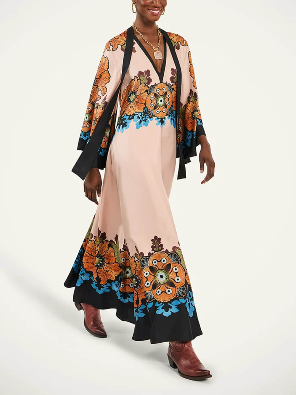 Exquisite Floral Print V-Neck Loose-Fit Maxi Dress