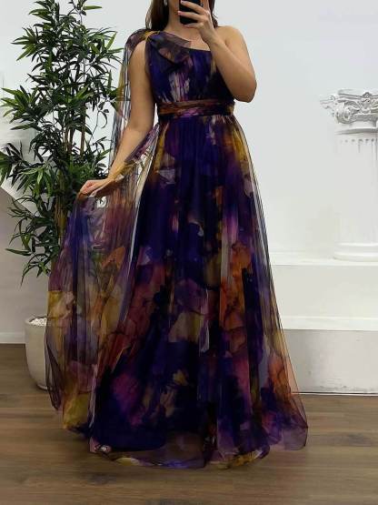 Elegant Printed One-Shoulder Chiffon Plus Size Tulle Evening Dress