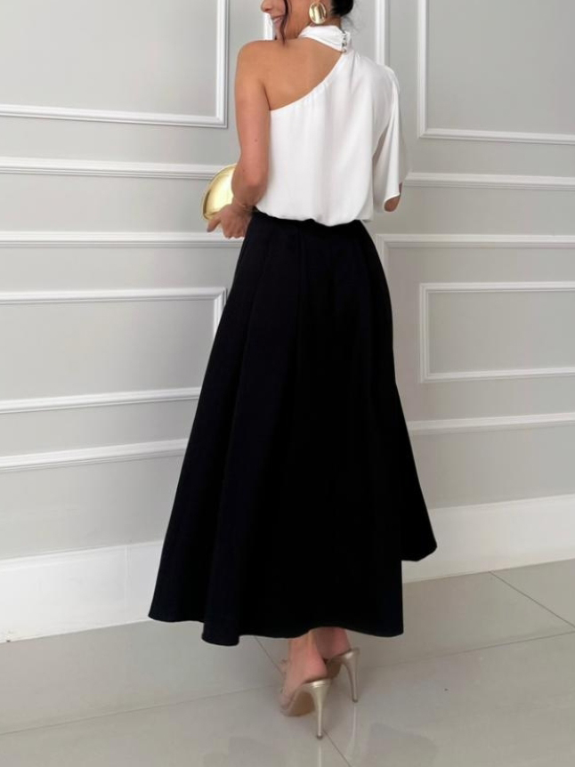 Elegant Asymmetrical Collar Shirt & Skirt Two-Piece Set