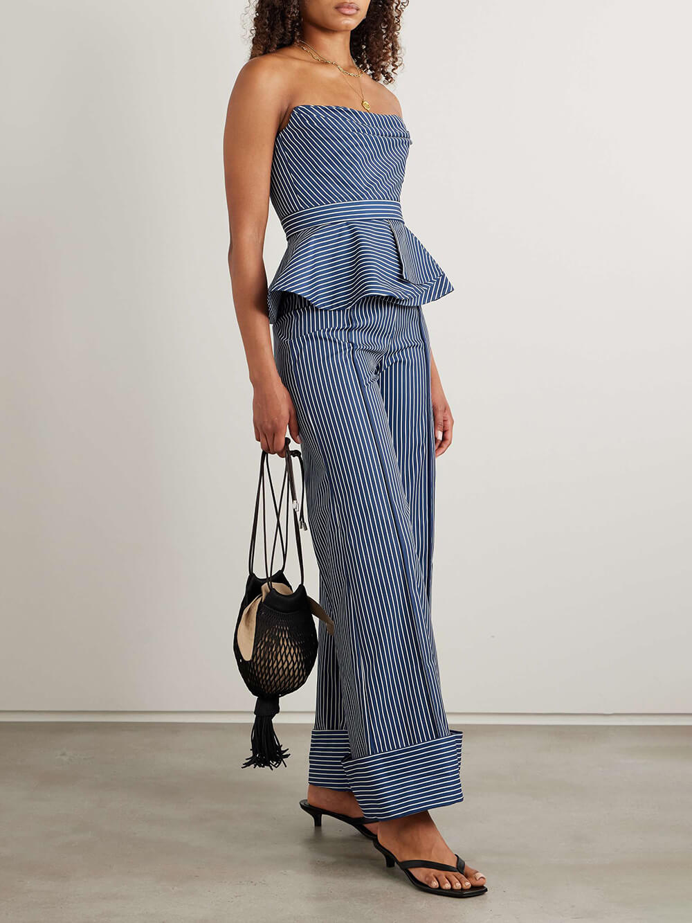 Retro Striped Print Stretch Twill Wide-Leg Pants