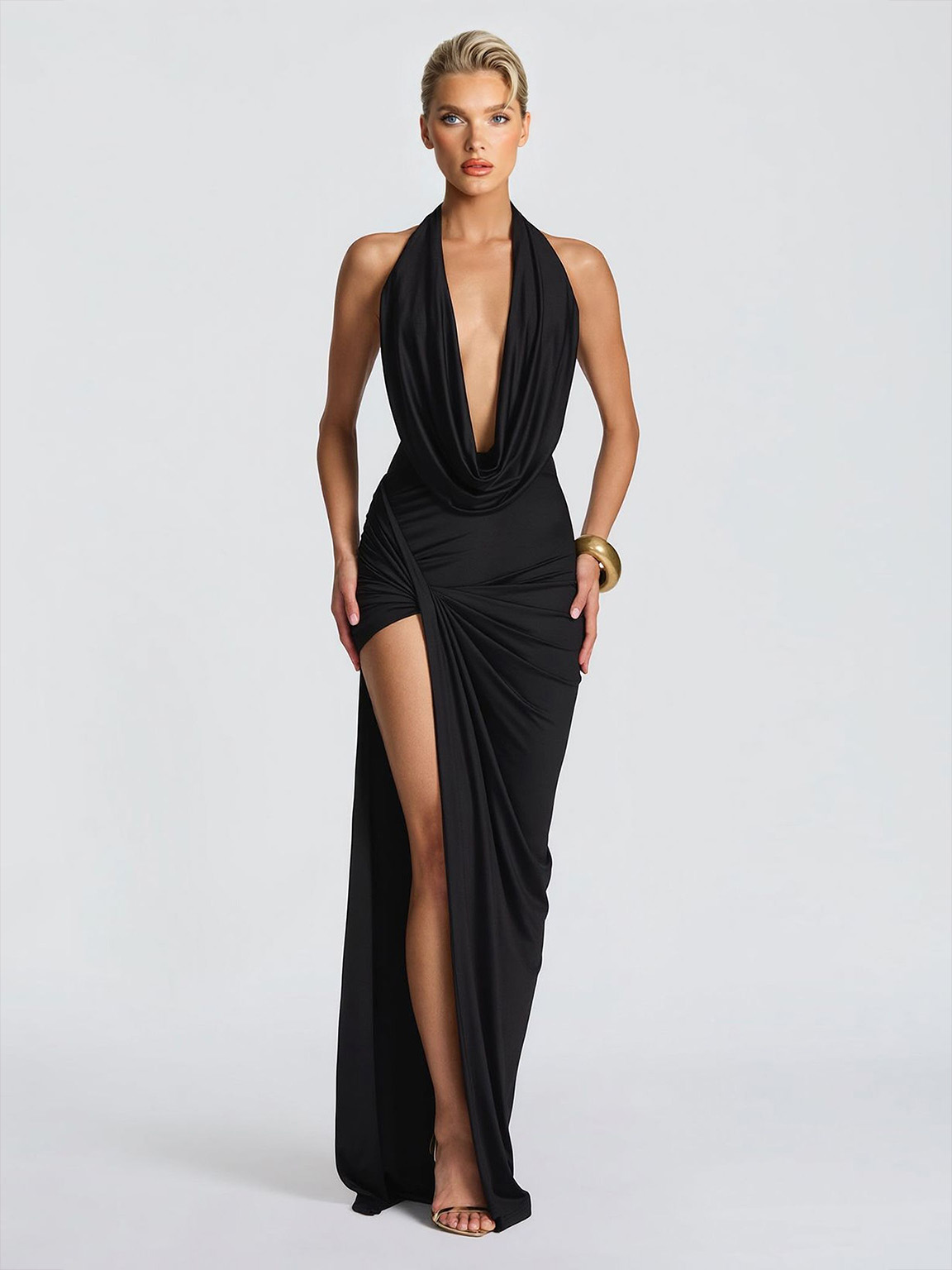 Sexy Sleeveless Ruched High-Slit Maxi Dress
