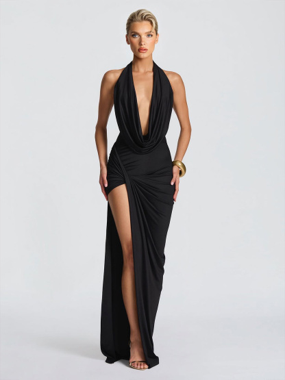 Sexy Sleeveless Ruched High-Slit Maxi Dress