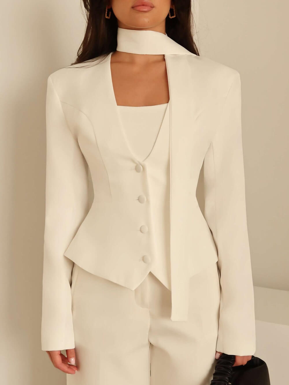 Fashion Solid Color V-Neck Scarf-Trimmed Long Sleeve Blazer