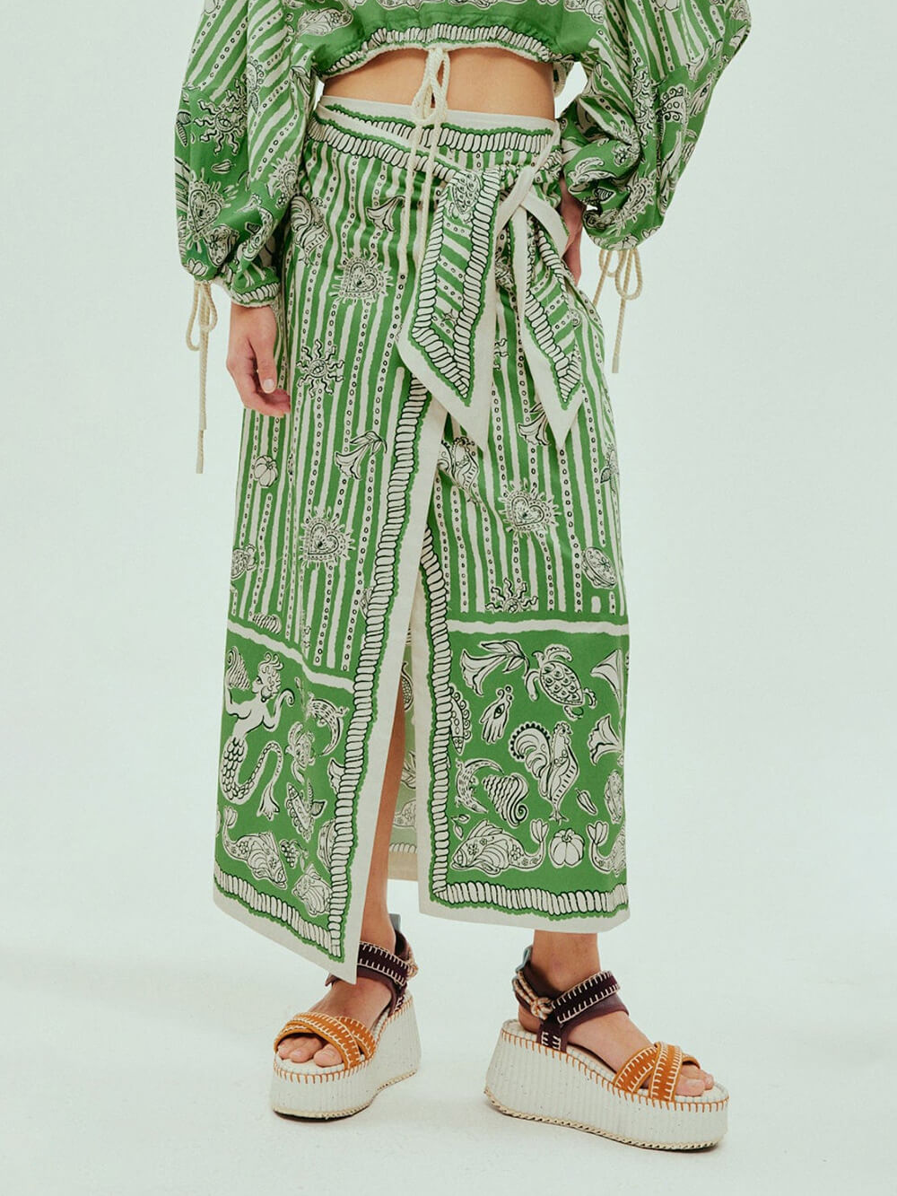 Unique Satin Boho Print Tie-Waist Midi Skirt