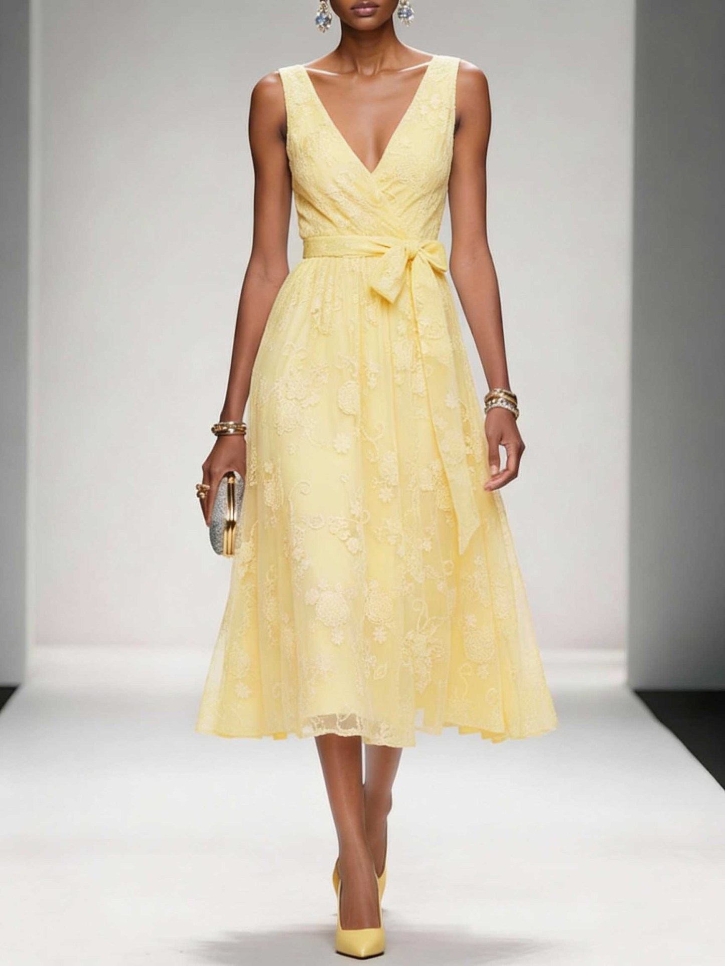 Elegant V-Neck Lace Embroidered Tie-Front Midi Dress