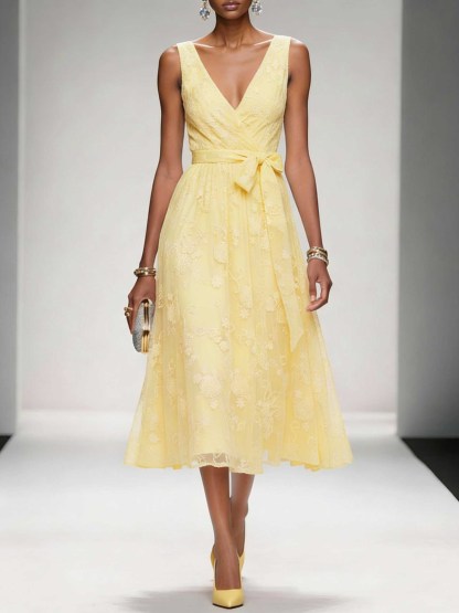 Elegant V-Neck Lace Embroidered Tie-Front Midi Dress