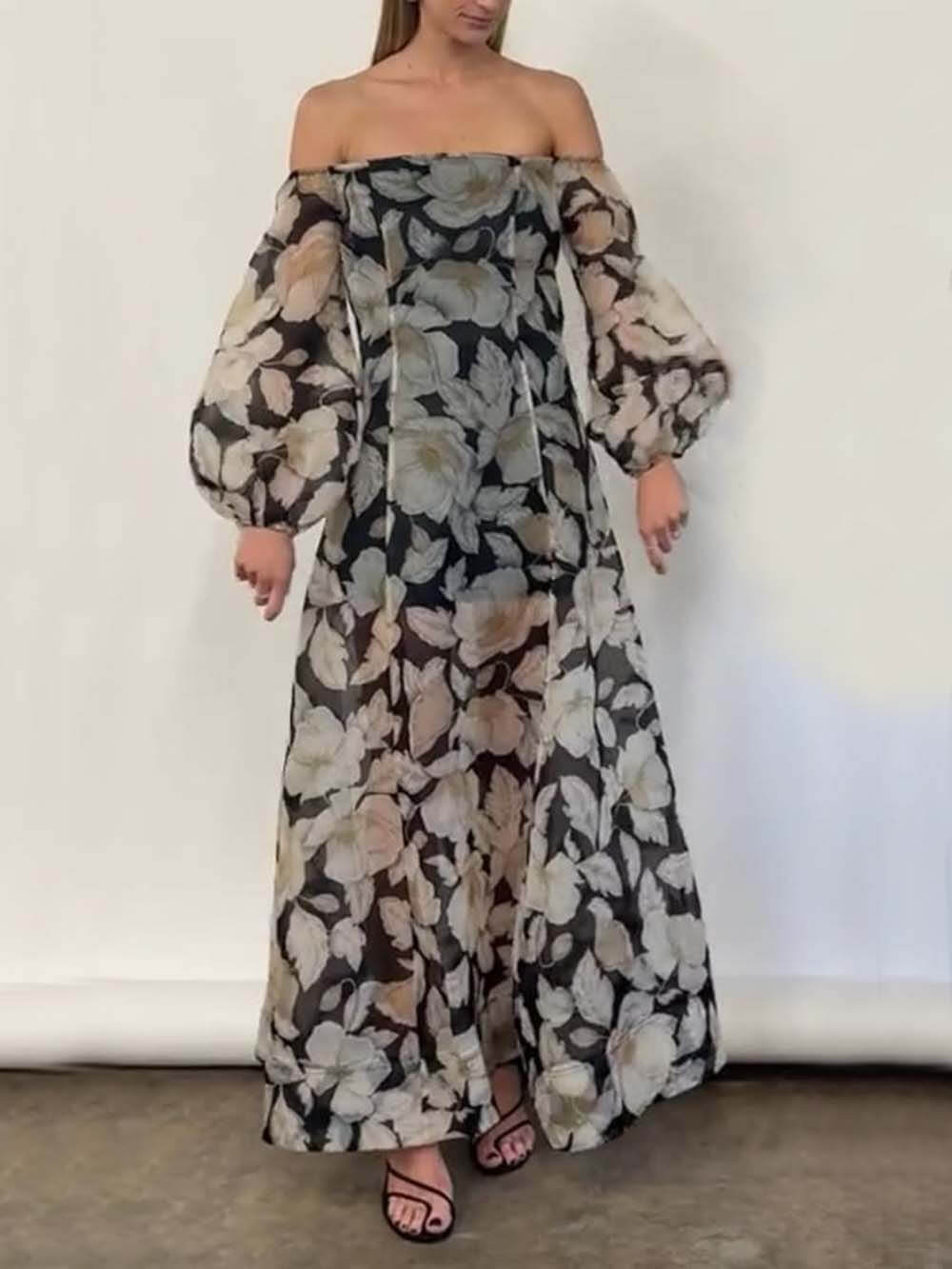 Elegant Off-Shoulder Printed Puff Sleeve Maxi Dress