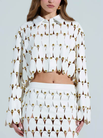 Exquisite Cut-Out Studded PU Cropped Cardigan Top