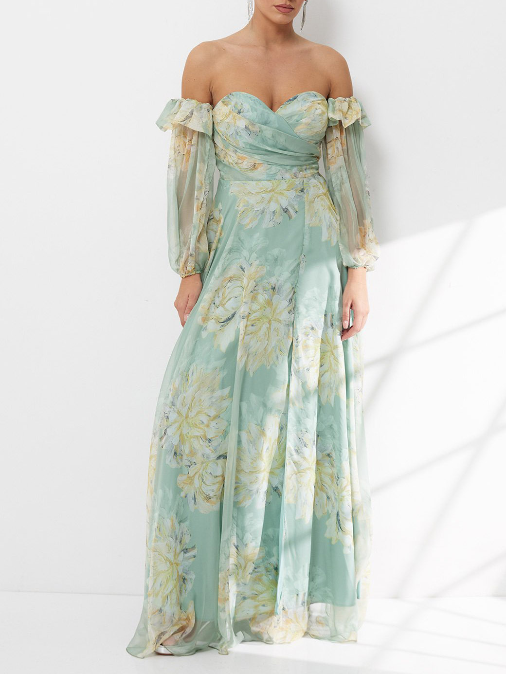 Elegant Floral Off-Shoulder Slit Chiffon Maxi Dress