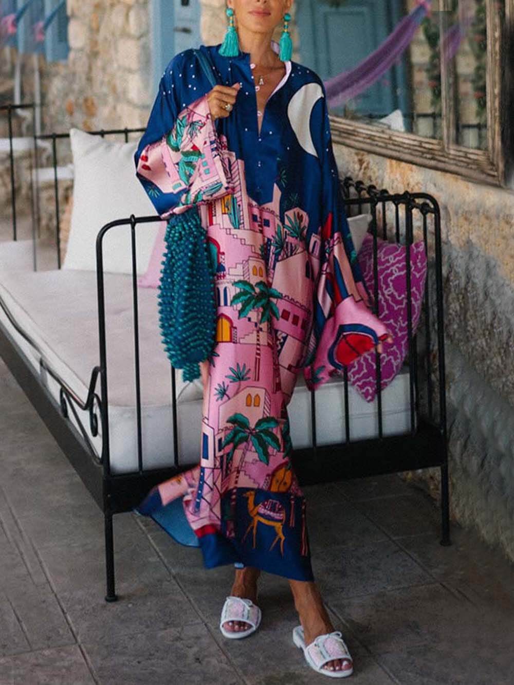 Unique Seaside Satin Print Button Up Long Sleeve Slit Kaftan Midi Dress