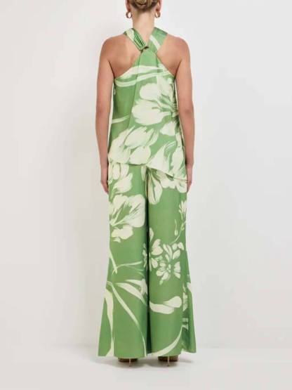 Modern Satin Abstract Floral Print Halter Tank Top