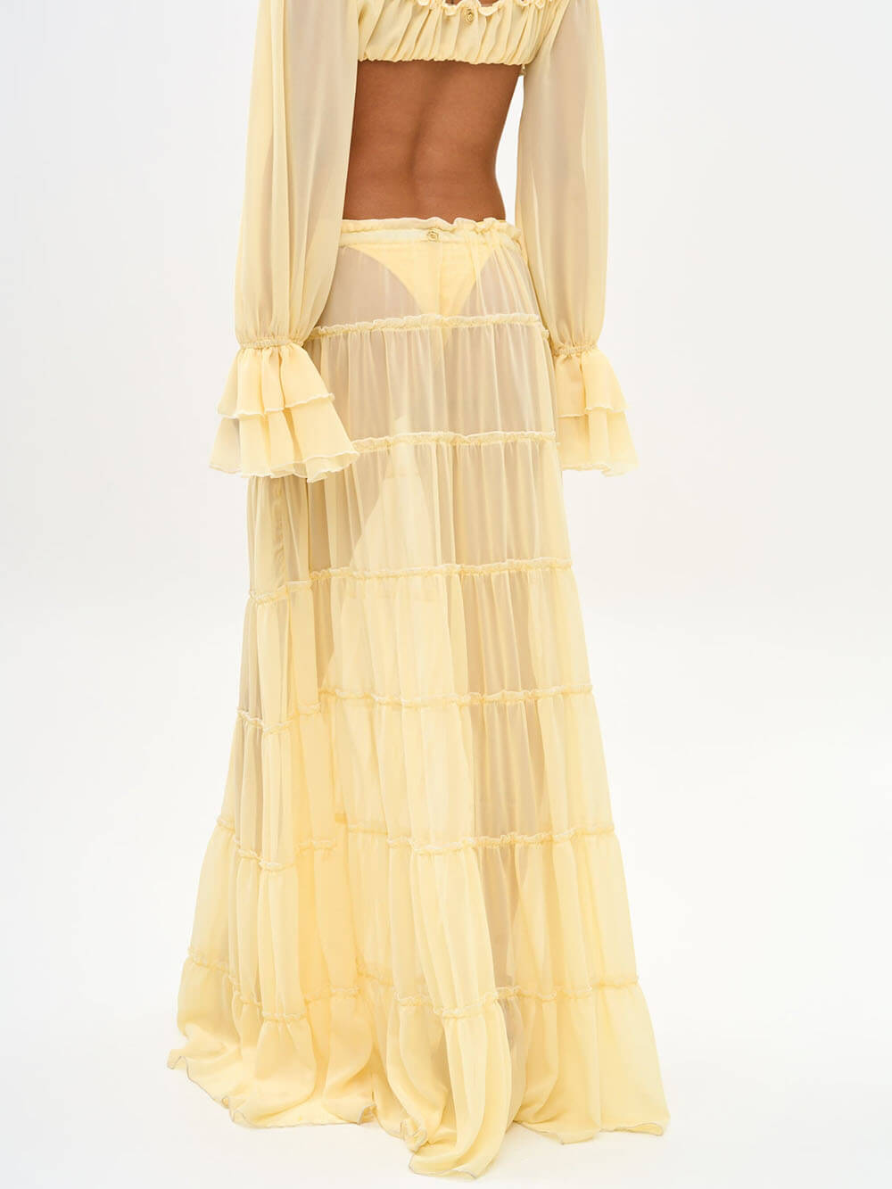 Fashion Off Shoulder Long Bell Sleeve Crop Top and Elastic Waist Layered Cover-up Maxi Skirt Set