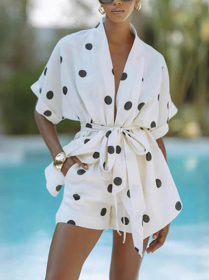 Playful Linen Polka Dot Prints Tie-up Kimono Top and Elastic Waist Pocket Shorts Set