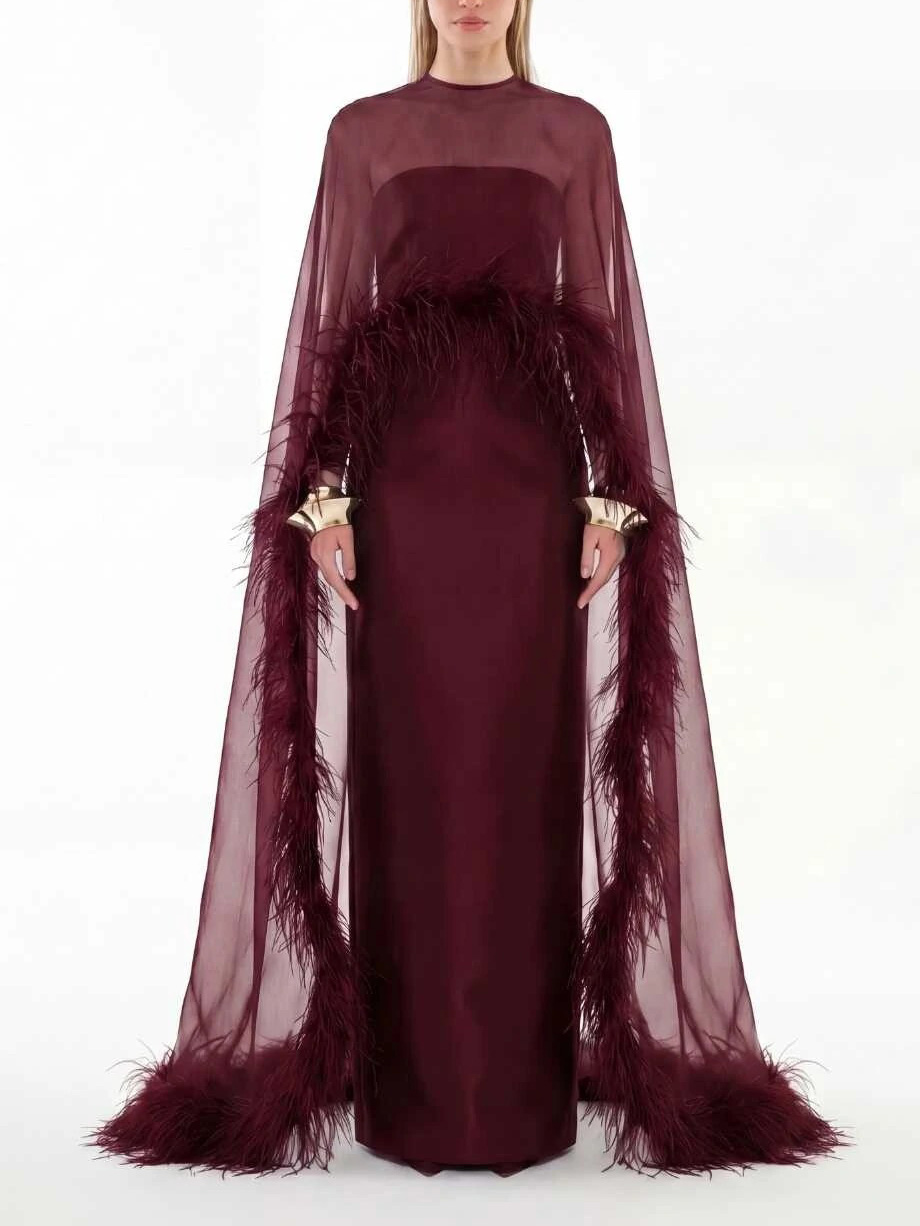 Elegant Sheer Chiffon Shawl Black Satin Maxi Dress