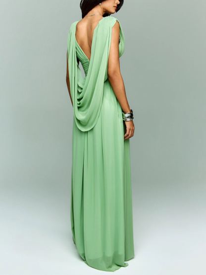 Elegant Chiffon Backless Ruched Maxi Dress