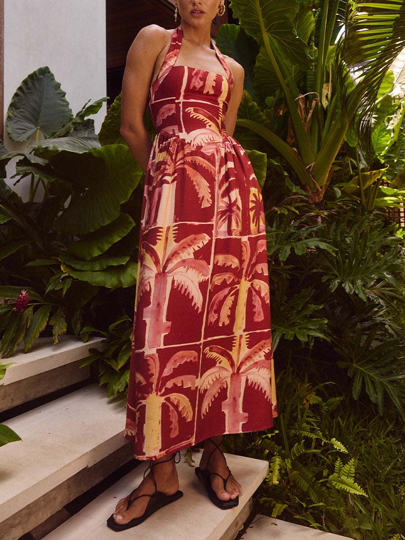 Retro Tropical Coconut Tree Print Maxi Dress