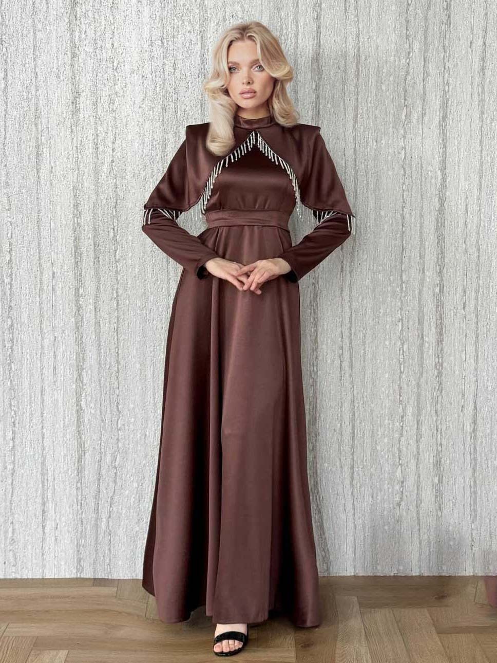 Elegant Satin Cape-Detail Long-Sleeve Maxi Dress