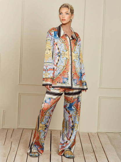 Unique Sunshine Print Elastic Waist Wide-Leg Pants