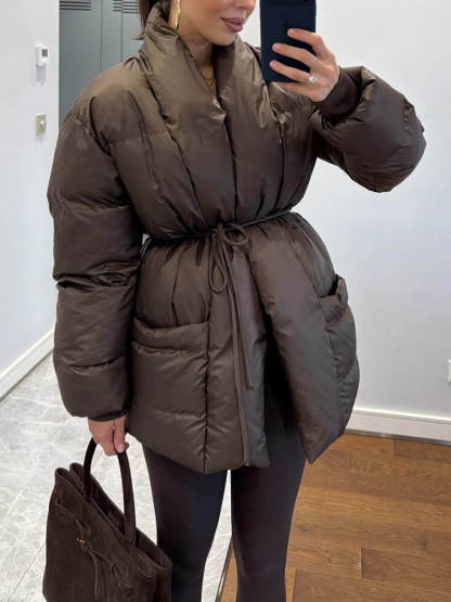 Fashion Pocket Fold-Over Puffy Lace-Up Coat