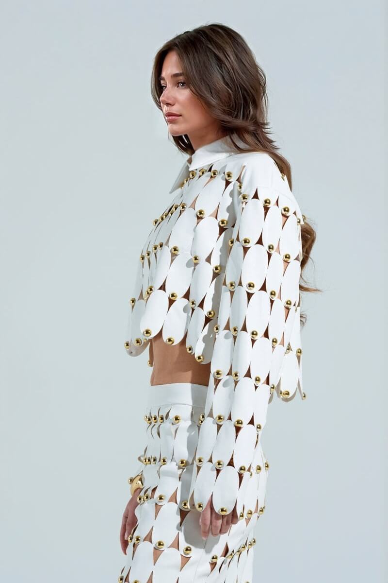 Exquisite Cut-Out Studded PU Cropped Cardigan Top And Maxi Skirt Set