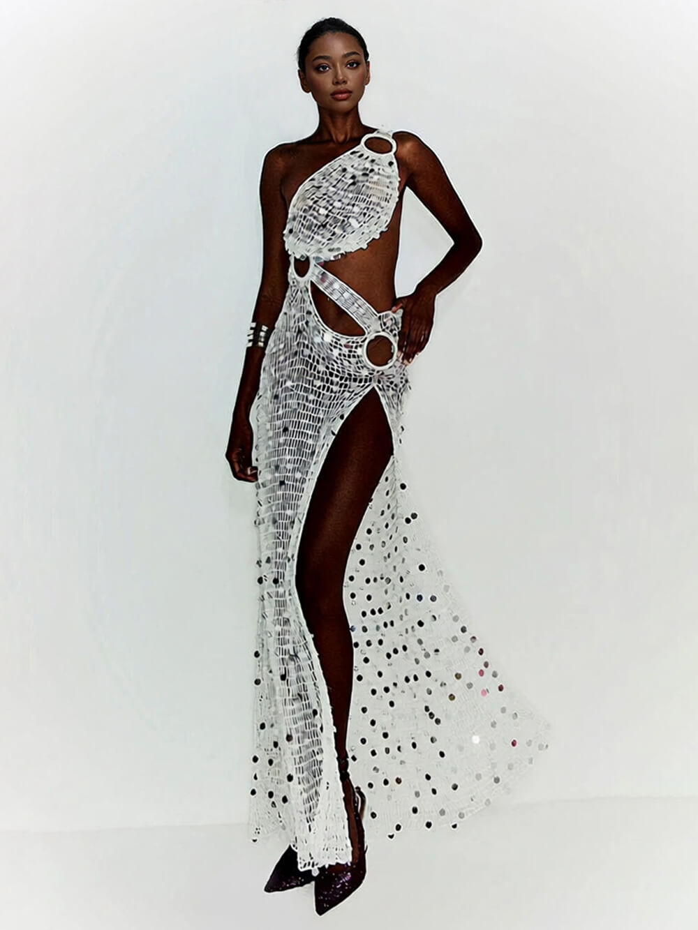 Sexy White Knit Cutout Sequin One-Shoulder Ring-Detail Slit Cover-Up Maxi Dress