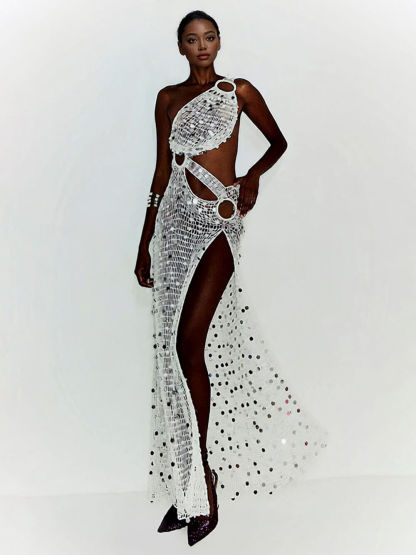 Sexy White Knit Cutout Sequin One-Shoulder Ring-Detail Slit Cover-Up Maxi Dress