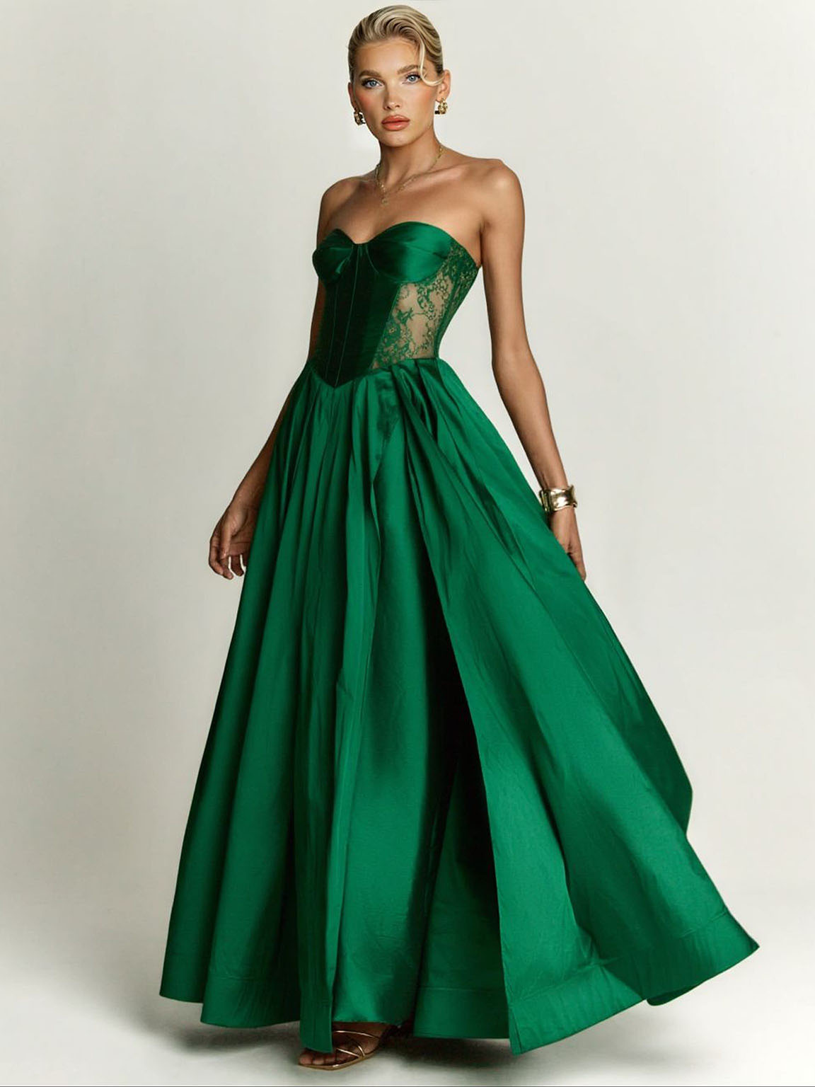 Elegant Strapless Lace-Panel Ball Gown Maxi Dress