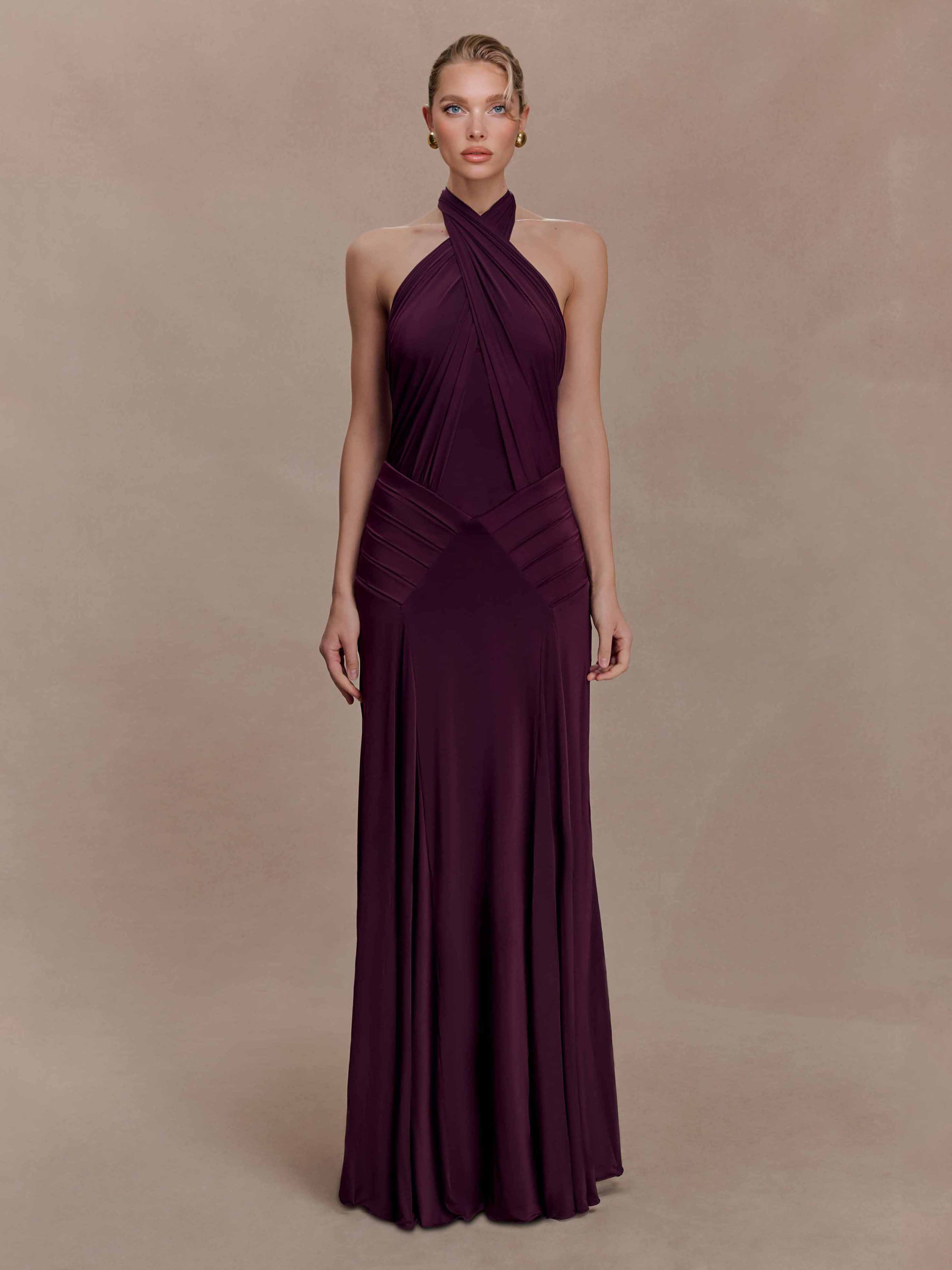 Elegant Pleated Fitted Backless Maxi Dress
