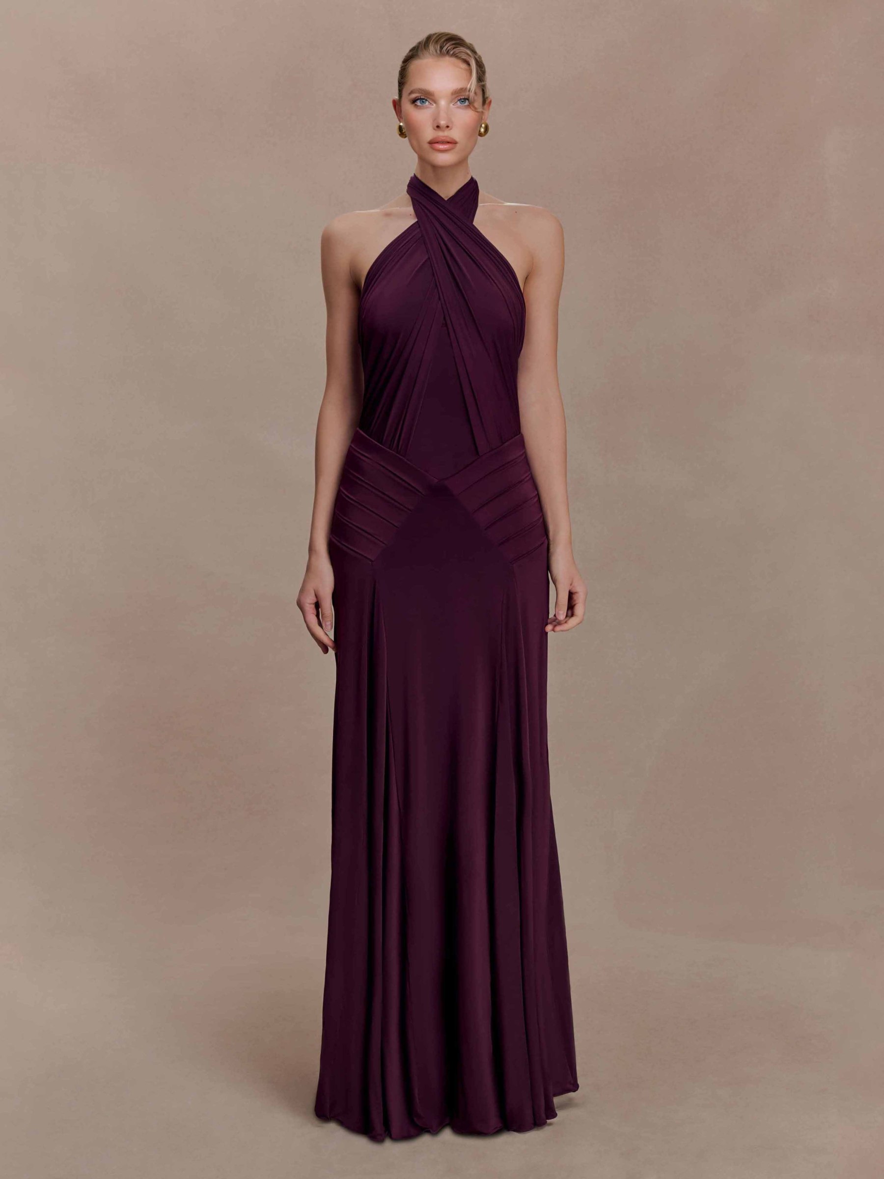 Elegant Pleated Fitted Backless Maxi Dress
