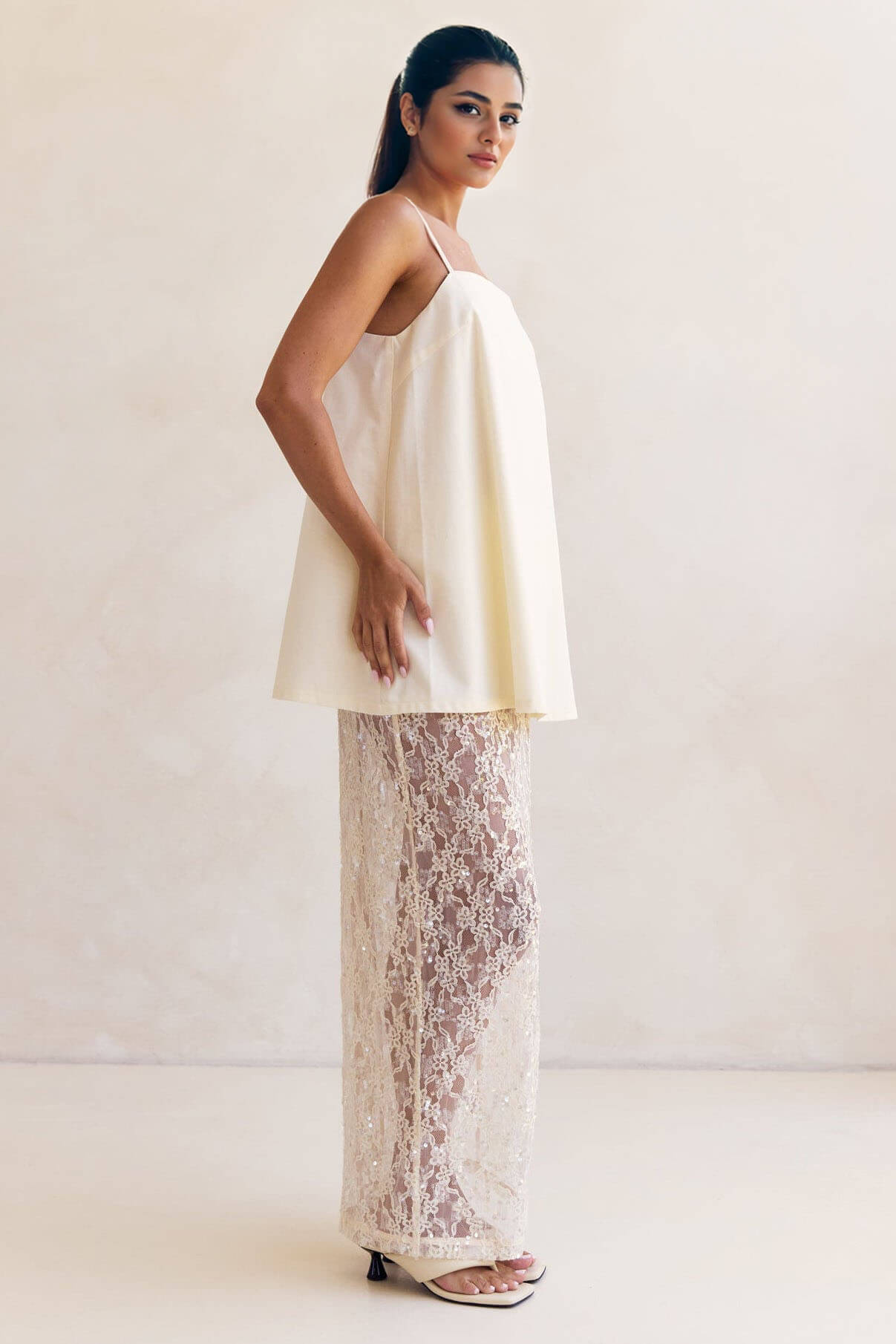 Elegant Off-Shoulder Strap A-Line Top Sheer Sequin Lace High-Waist Maxi Skirt Set