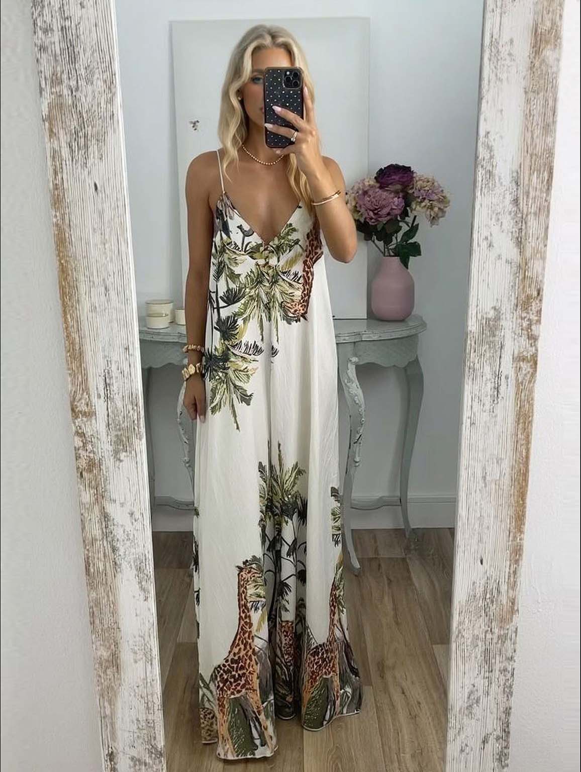 Tropical Giraffe Palm Tree Print Sleeveless High-Waist Jumpsuit