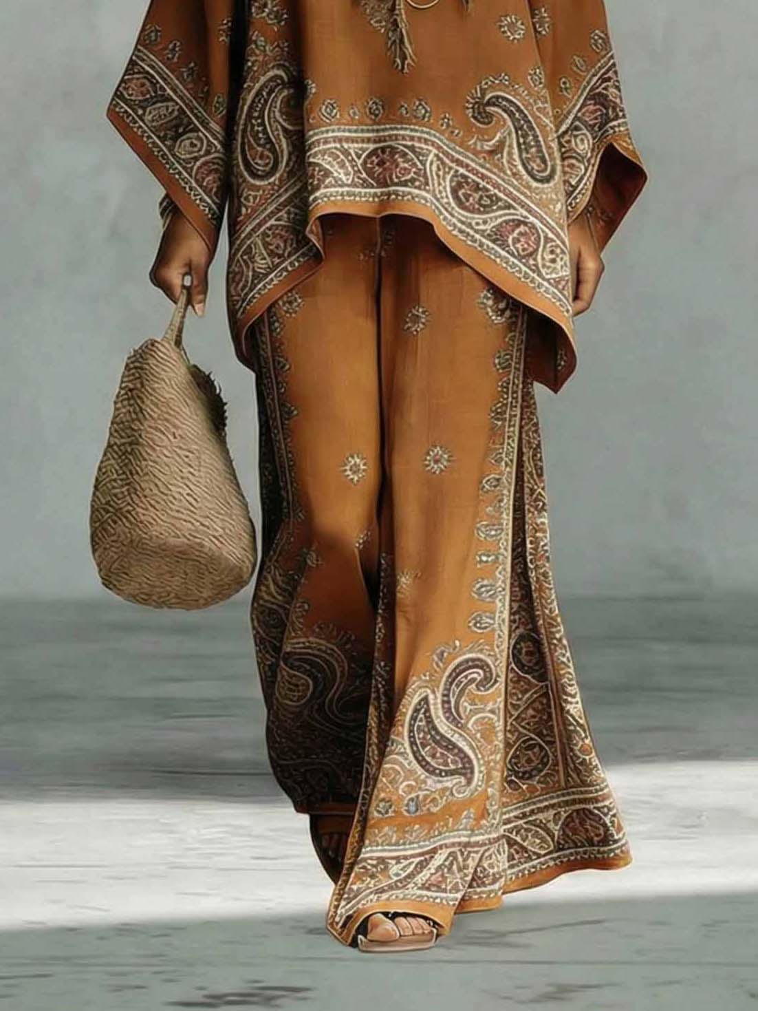 Bohemian Paisley Print Batwing Sleeve Two-Piece Set