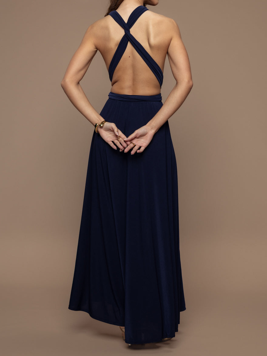 Elegant Multi-Way Neck Draped Tie-Waist Maxi Dress