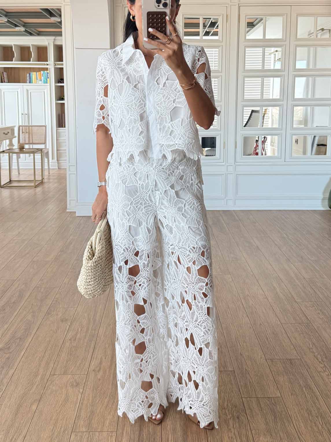 Casual Cutout Lace Shirt & Wide-Leg Pants Two-Piece Set