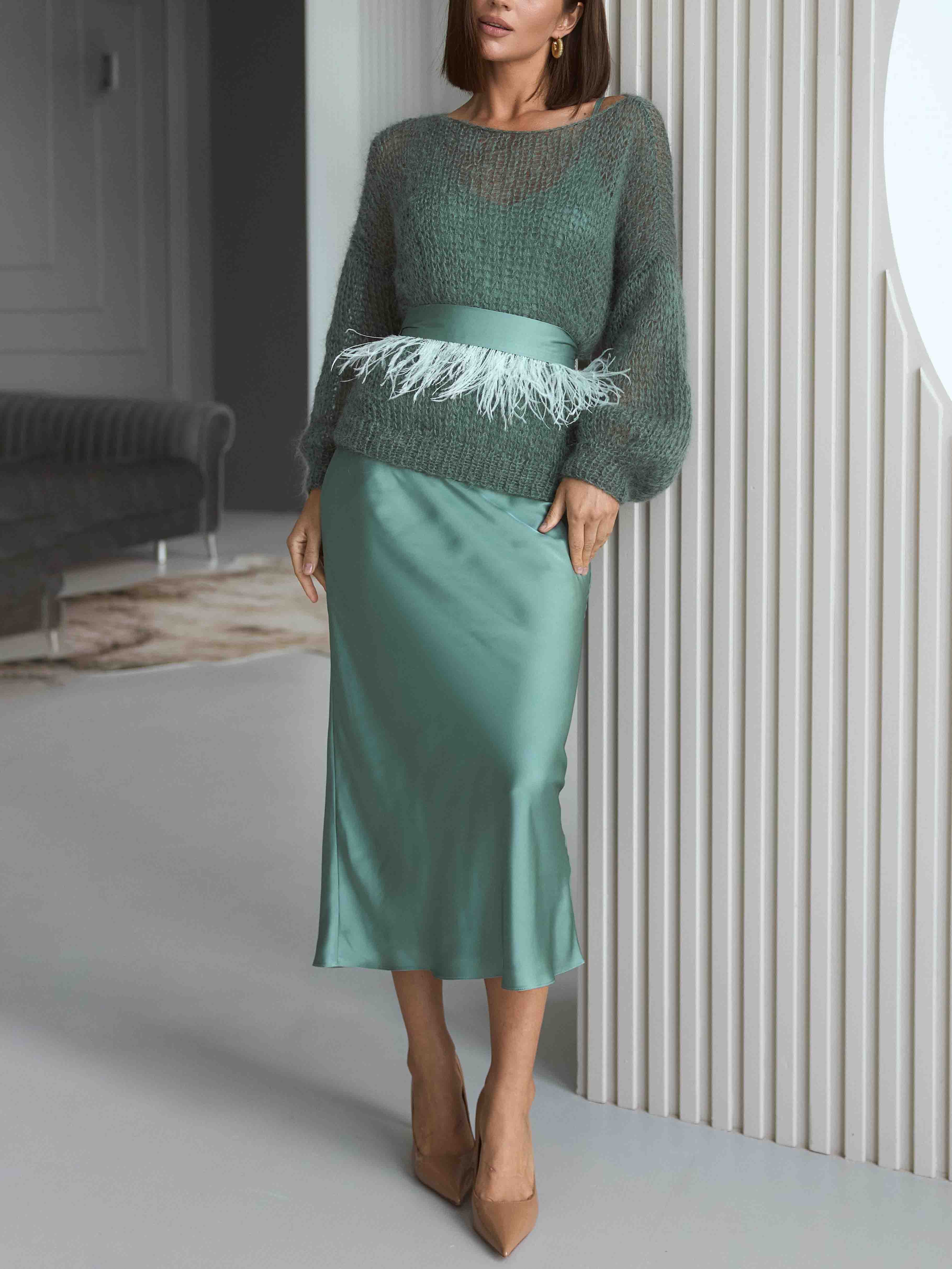 Elegant Openwork Knit Top And Satin Dress Two-piece Set