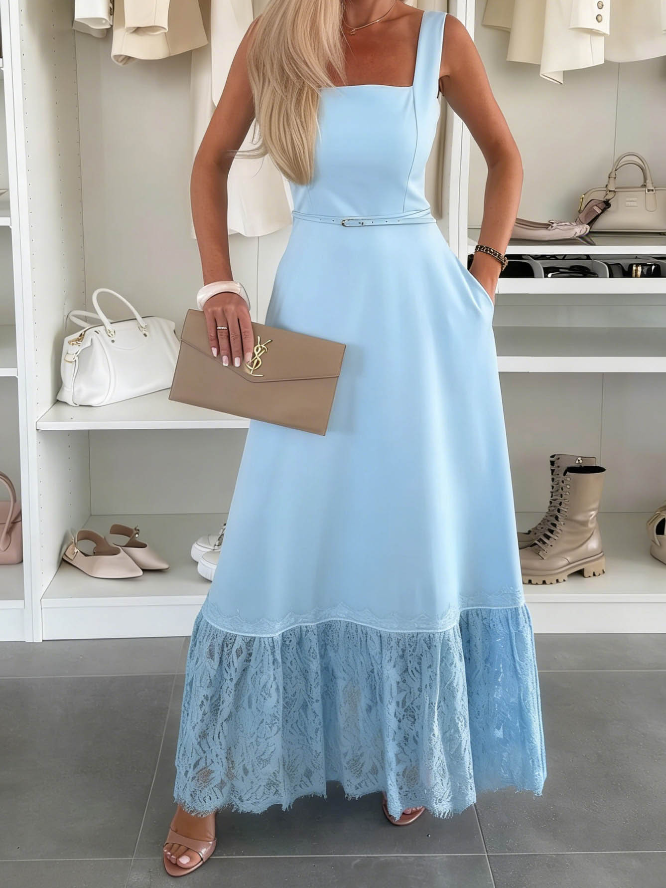 Elegant Square Neck Tie-Up Lace Maxi Dress