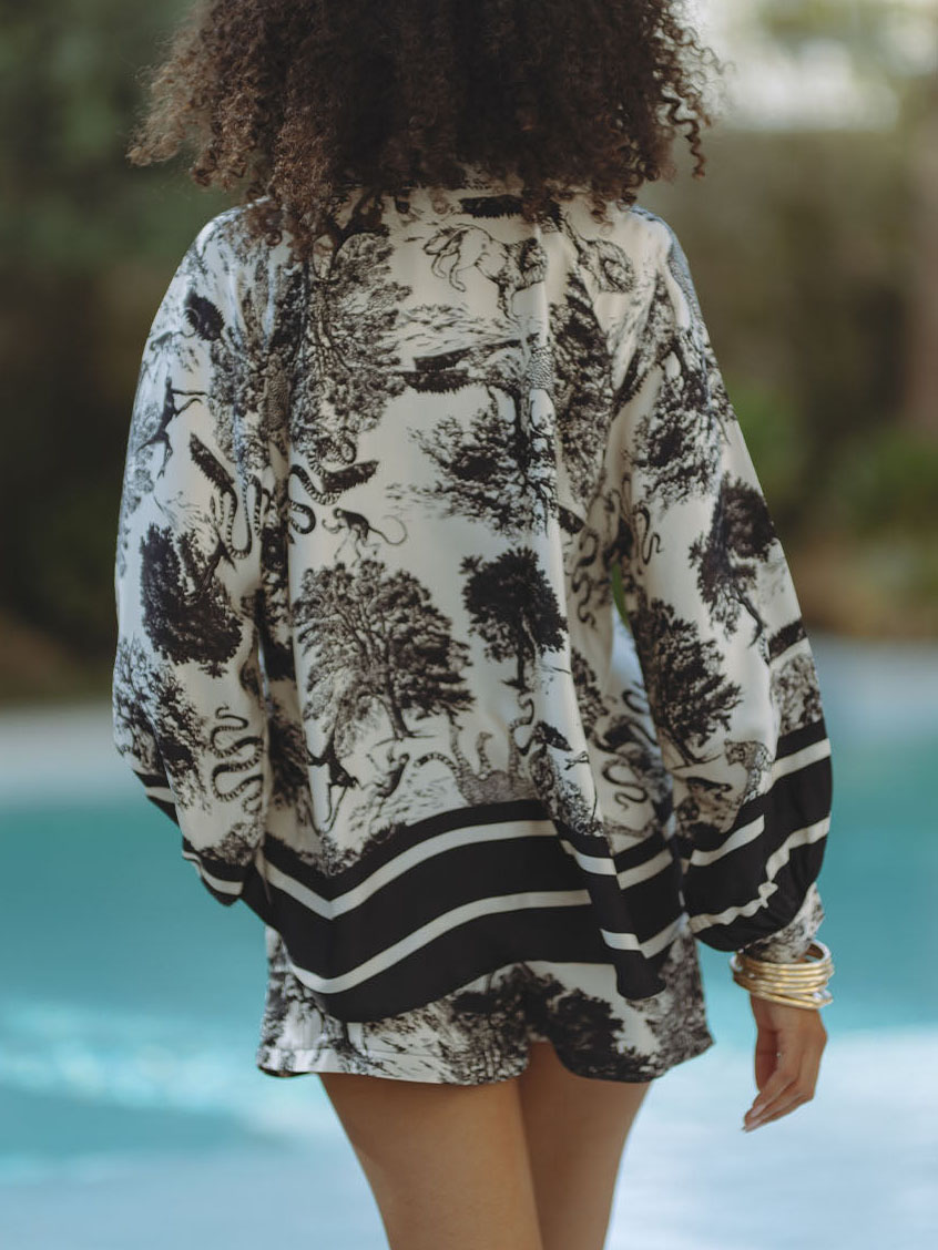 Satin Jungle Floral Print Loose Shorts Two-Piece Set