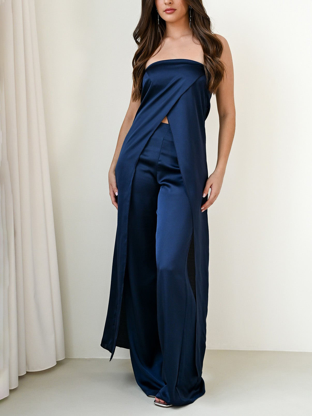 Elegant Strapless Satin Top & Pants Two-Piece Set