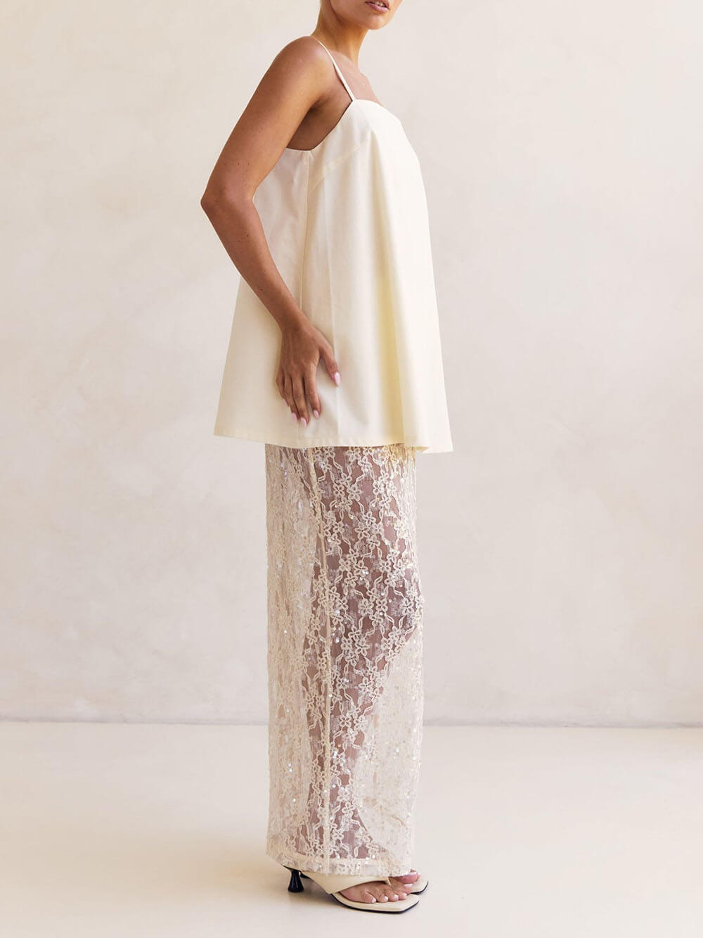 Elegant Sheer Sequin Lace High-Waist Maxi Skirt