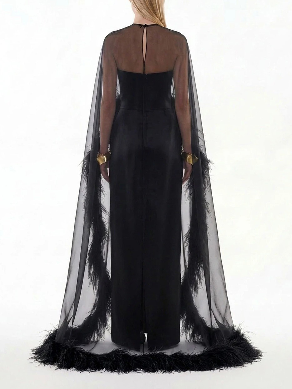 Elegant Sheer Chiffon Shawl Black Satin Maxi Dress