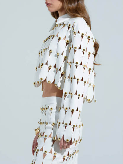 Exquisite Cut-Out Studded PU Cropped Cardigan Top