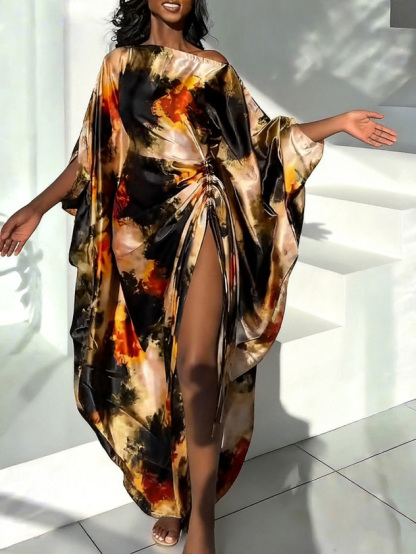Elegant One-shoulder Tie-dye Printed Pleated Maxi Dress