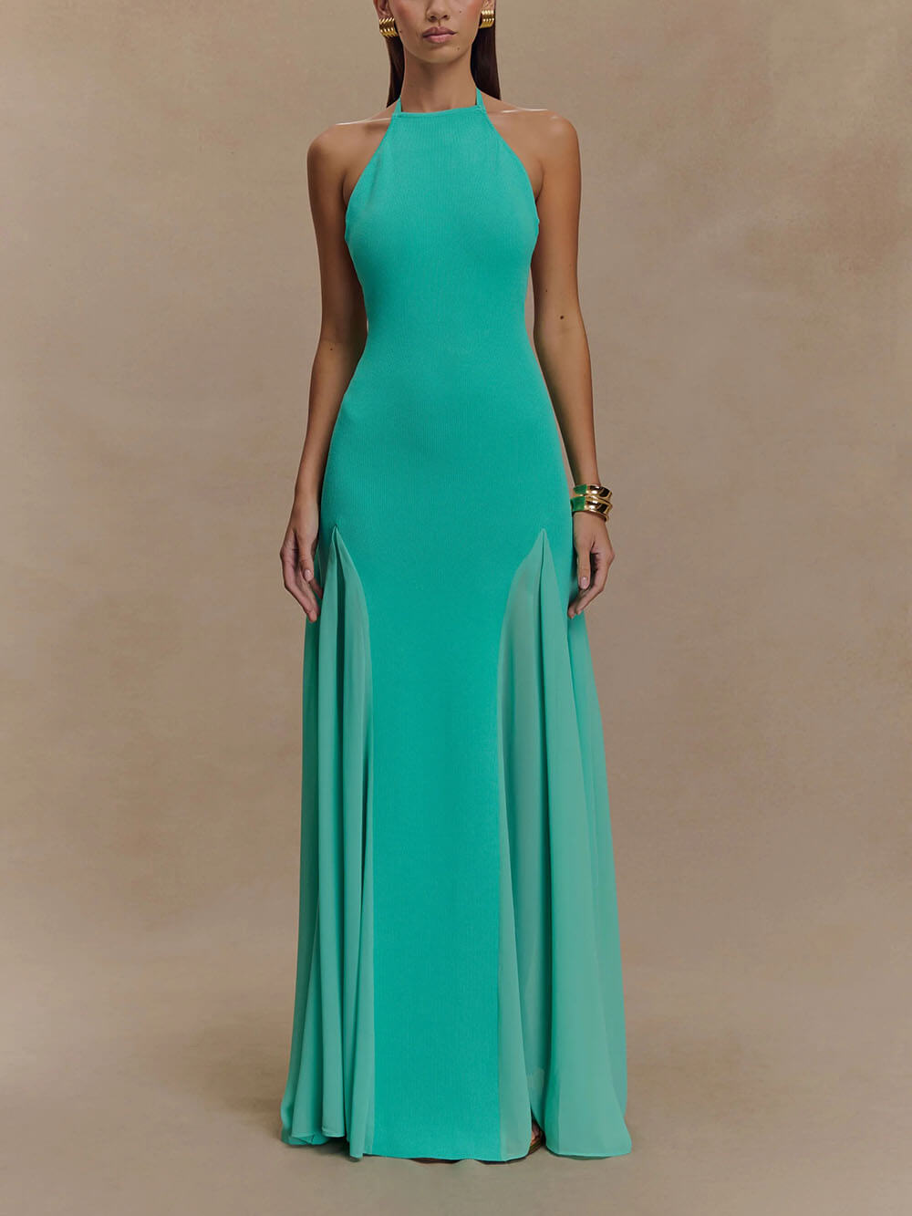 Exquisite Sexy Knit Mesh Splice Spaghetti Strap Maxi Dress