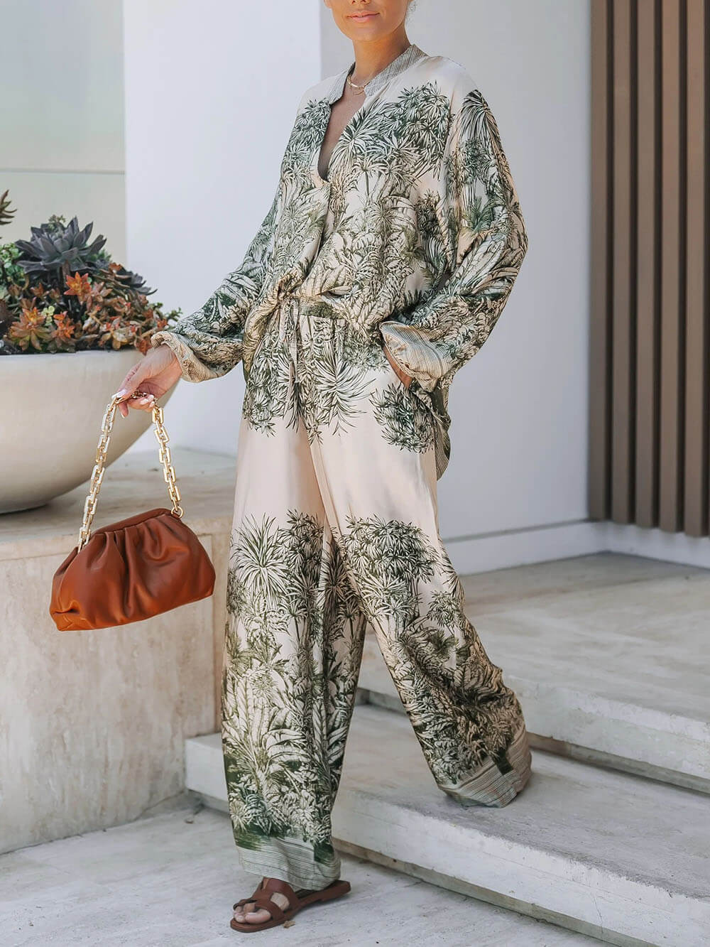 Casual Palm Leaf Print Elastic Waist Wide-Leg Pants