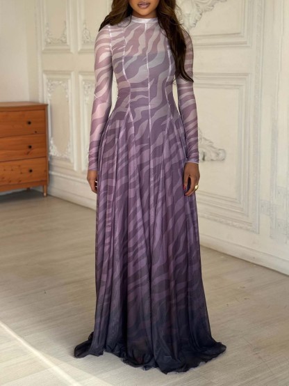 Elegant Animal Print Mesh A-line Maxi Dress