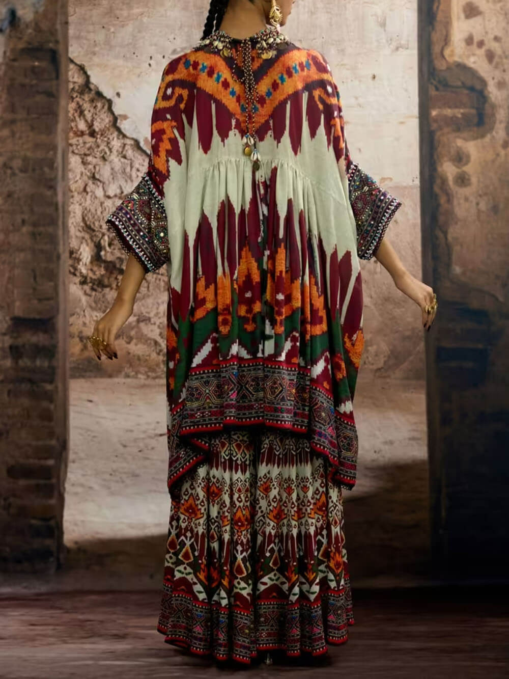 Unique Ethnic Print Bell Sleeve Oversized Long Shirt