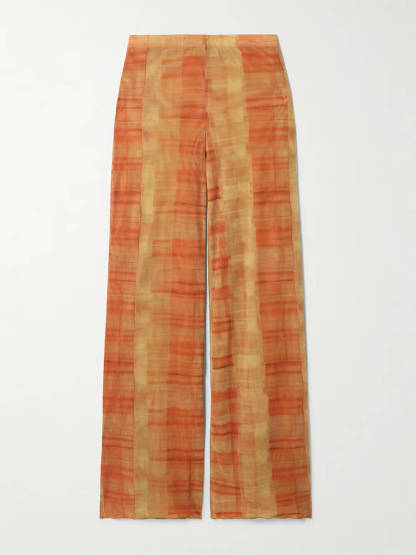 Unique Plaid Print Stretch Mesh Straight-Leg Pants