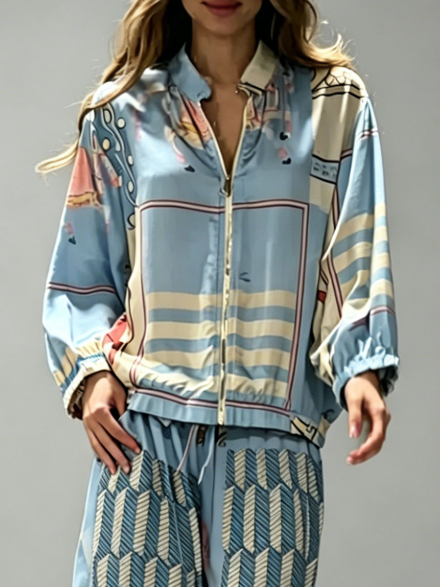 Casual Artistic Print Zip-Up Shirt